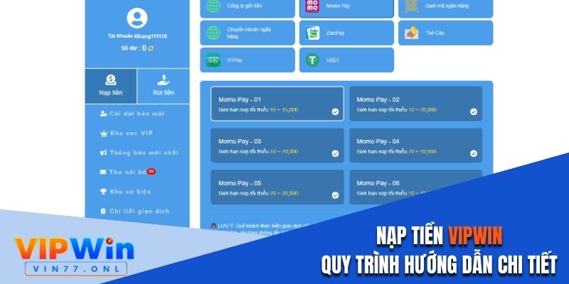 Nạp tiền Vipwin tiện lợi qua nhiều phương thức